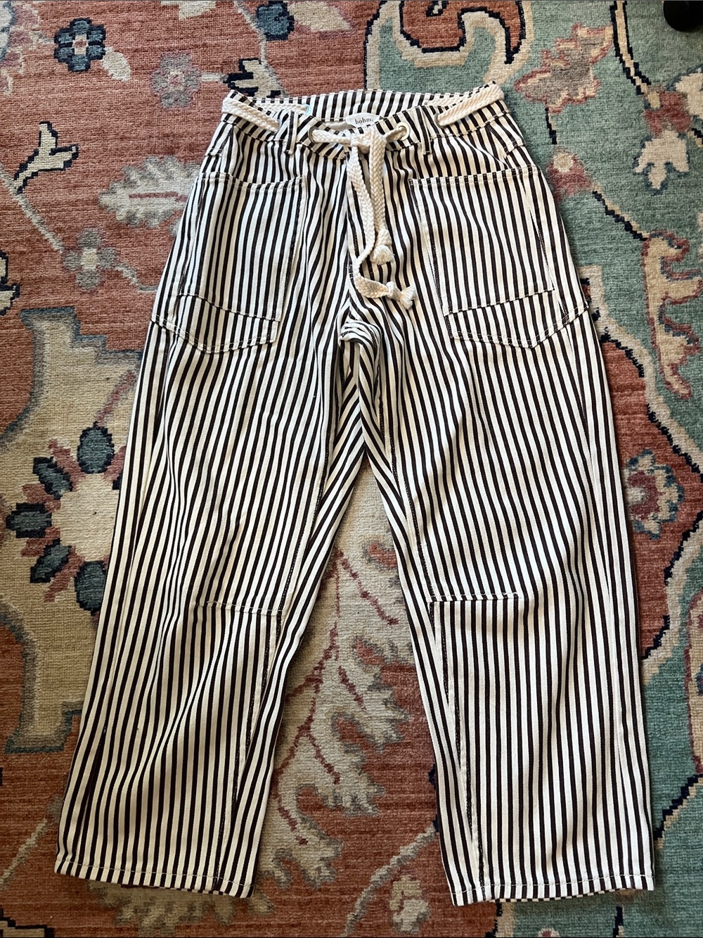 bohme Black & White Vertical Stripe Cropped Jeans